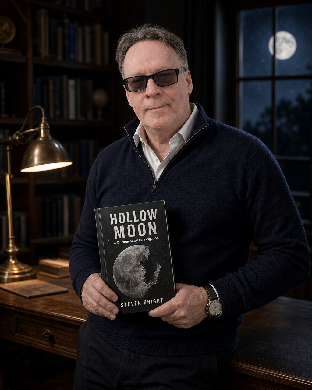 Steven Knight holding Hollow Moon: A Documentary Investigation