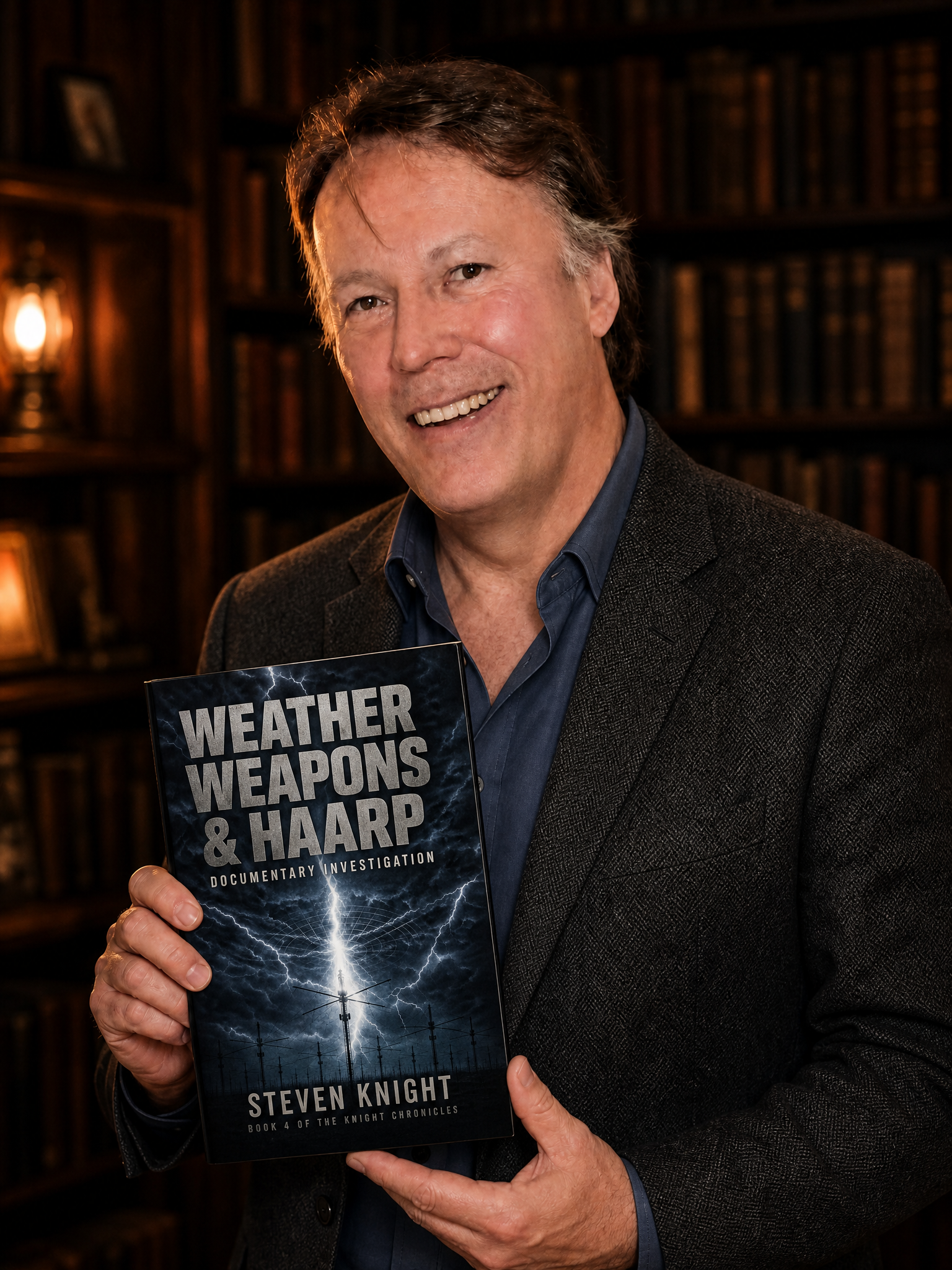 Steven Knight holding Weather Weapons & HAARP: The Shield in the Sky